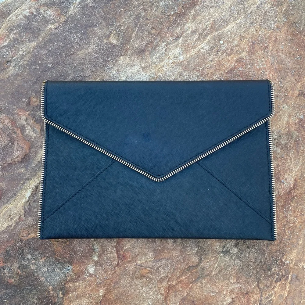 Rebecca Minkoff “Leo” Black Zip-Trim Saffiano Leather Envelope Clutch (CdlG)